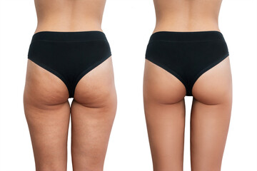 Young woman's thighs with cellulite before and after treatment isolated on white background. Getting rid of excess weight. Result of diet, sports, massage, scrub, wellness. Improving the skin on legs