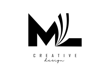 Creative black letters ML m l logo with leading lines and road concept design. Letters with geometric design.