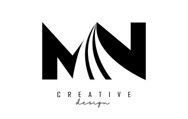 Creative black letters MN m n logo with leading lines and road concept design. Letters with geometric design.