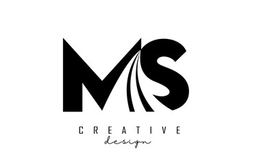 Creative black letters MS m s logo with leading lines and road concept design. Letters with geometric design.