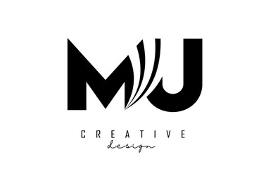 Creative black letters MU m u logo with leading lines and road concept design. Letters with geometric design.
