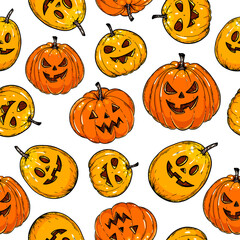 Halloween pumpkin seamless pattern. Hand drawn vector illustration.