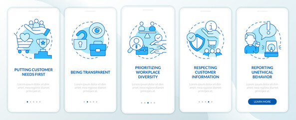 Ethics in customer dealings blue onboarding mobile app screen. Walkthrough 5 steps editable graphic instructions with linear concepts. UI, UX, GUI template. Myriad Pro-Bold, Regular fonts used