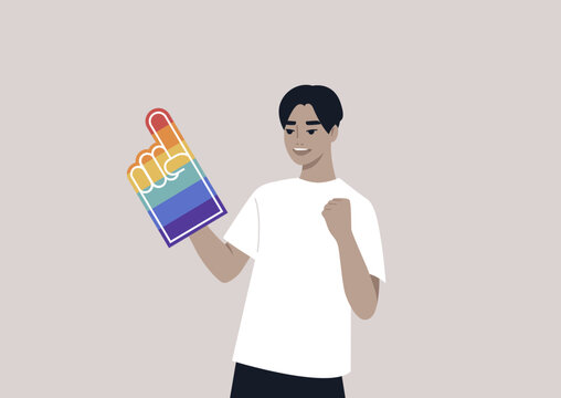 A Pride foam finger colored with rainbow colors, LGBTQ community support