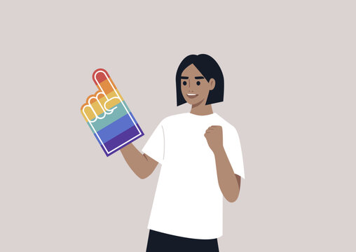 A Pride foam finger colored with rainbow colors, LGBTQ community support