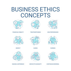 Business ethics turquoise concept icons set. Corporate social responsibility idea thin line color illustrations. Isolated symbols. Editable stroke. Roboto-Medium, Myriad Pro-Bold fonts used