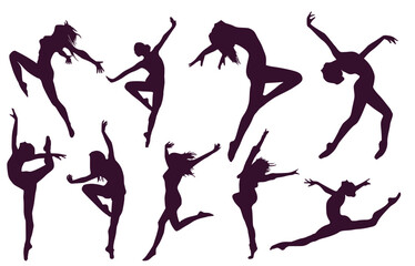 Set of silhouettes of dancing girls ballerinas