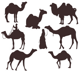 Set of seven silhouettes of camels