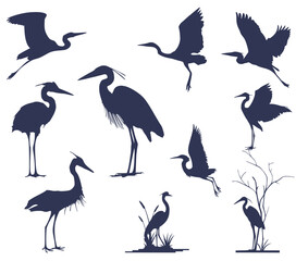 Set of ten heron silhouettes