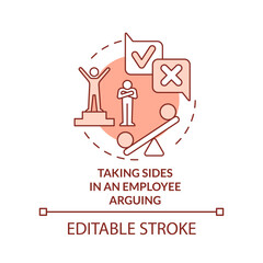 Taking sides in employee arguing terracotta concept icon. Unethical behavior in work abstract idea thin line illustration. Isolated outline drawing. Editable stroke. Arial, Myriad Pro-Bold fonts used