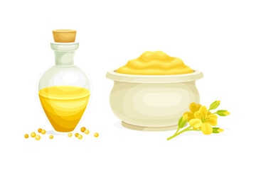 Mustard Yellow Oil Poured in Glass Corked Jar and Paste with Flower Blossom Vector Set