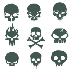 Set of nine silhouettes of skulls with bones