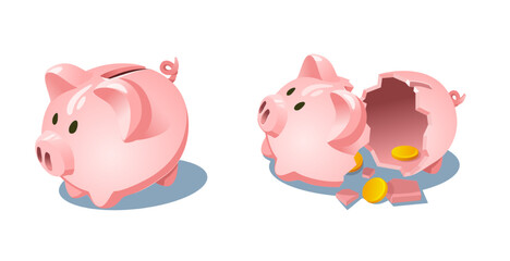 Piggy bank illustration in whole and broken condition