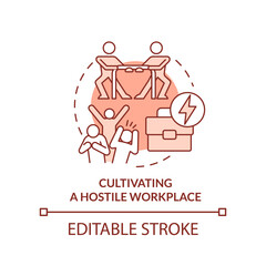 Cultivating hostile workplace terracotta concept icon. Unethical company behavior abstract idea thin line illustration. Isolated outline drawing. Editable stroke. Arial, Myriad Pro-Bold fonts used