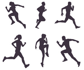 Set of six silhouettes of runners. man running