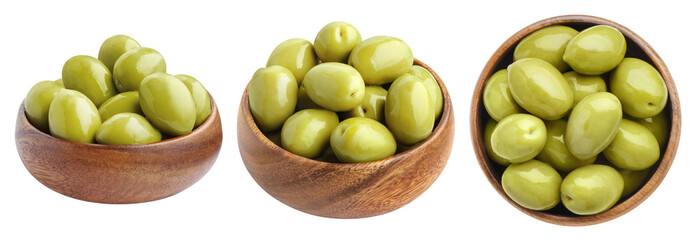 Collection of wooden bowls with  green olives, isolated on white background - obrazy, fototapety, plakaty