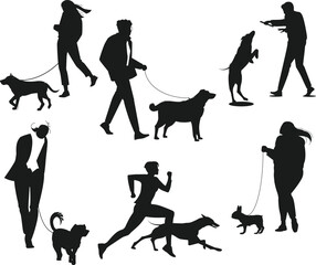 Crowd tiny people walking their dogs isolated Vectors Silhouettes