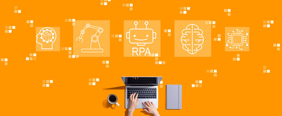 Robotic Process Automation RPA theme with person working with a laptop