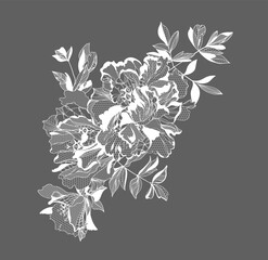 Lace peony flowers and foliage. Vector illustration, bouquet.