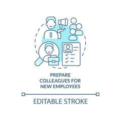 Prepare colleagues for new employees turquoise concept icon. Onboarding process abstract idea thin line illustration. Isolated outline drawing. Editable stroke. Arial, Myriad Pro-Bold fonts used