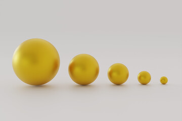Five gold balls of different sizes. balls of different sizes on a white background. the concept of growth in anything. profit increase. Horizontal image. 3d render illustration.