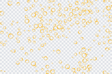 Golden air bubbles, oxygen, champagne crystal clear, isolated on a transparent background of modern design. Vector illustration of eps 10.