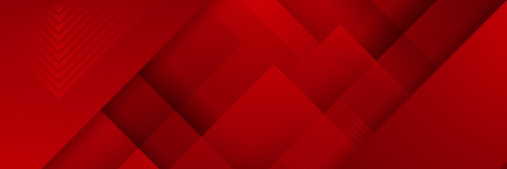 Obraz premium Modern red abstract vector long banner. Minimal background with waves arrows geometric shapes and copy space for text. Social media cover and web wide banner template