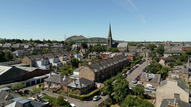 Aerial video Portobello Joppa Parish Church Edinburgh Scotland UK