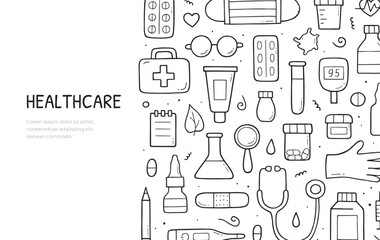 Hand drawn doodle set of medical and healthcare concept. Website banner template. Vector composition design.