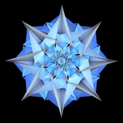 3D render. Abstract snowflake, kaleidoscope. Geometric background.