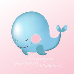 3D rendering Whale baby style, sea background, web poster, child flyer, seasonal brochure, baby shower modern background.