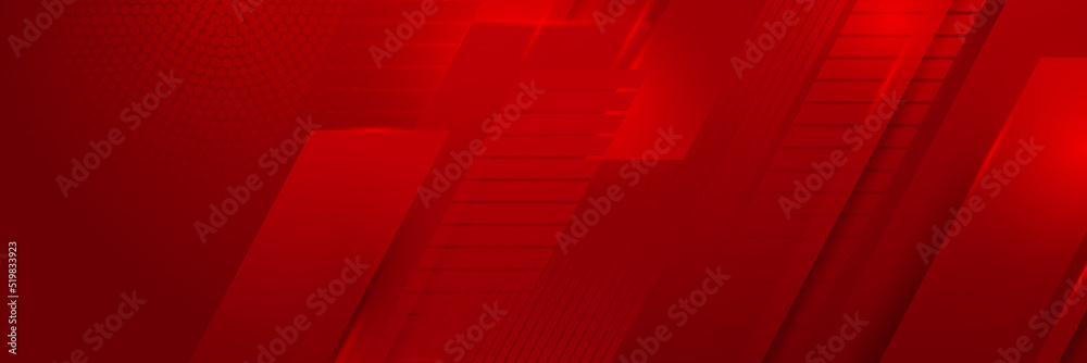 Wall mural modern red abstract vector long banner. minimal background with waves arrows geometric shapes and co