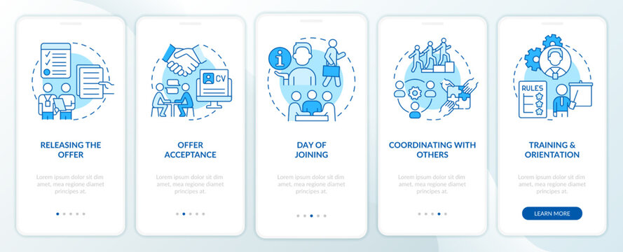 Team joining process blue onboarding mobile app screen. Employment walkthrough 5 steps editable graphic instructions with linear concepts. UI, UX, GUI template. Myriad Pro-Bold, Regular fonts used
