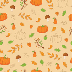 Autumn seamless texture. Pumpkins, leaves, branches, mushrooms, berries, apples, pears. For backgrounds, textiles, wallpaper, wrapping paper