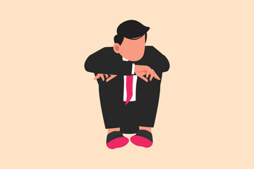 Business flat cartoon style drawing depressed businessman sadness melancholy stress sitting in despair on floor. Worker stressed losing job due to economic crisis. Graphic design vector illustration