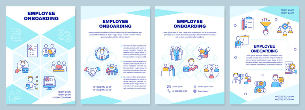 Employee onboarding turquoise brochure template. Adaptation. Leaflet design with linear icons. Editable 4 vector layouts for presentation, annual reports. Arial-Black, Myriad Pro-Regular fonts used