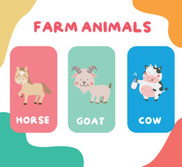 Cute farm animal flashcards for children. Printable colourful game cards. Preschool Education. Vector illustration.