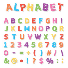 Cute vector colored alphabet and signs with polka dot texture, hand drawn font for kids, flat isolated vector illustration.
