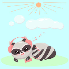 Raccoon lying on green grass under hot sun listening the music in headphones cartoon illustration