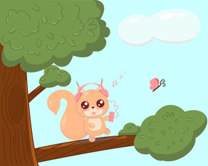 Cartoon illustration squirrel on the branch of tree with headphones and butterfly and clouds