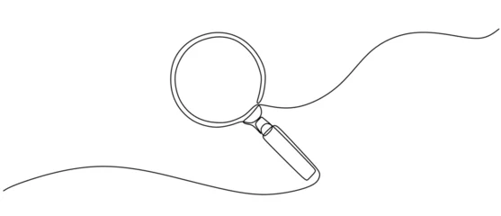 Peel and stick wall murals One line Magnifying glass in continuous one line drawing. Concept of Business analysis in simple outline style. Used for logo, emblem, web banner, presentation. Doodle Vector Illustration