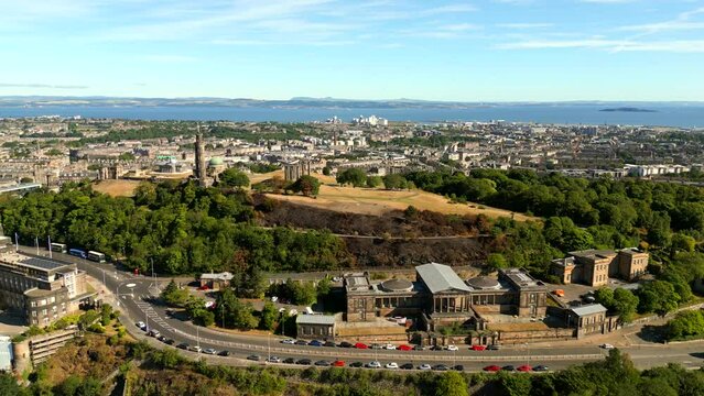 Aerial video Calton Hill Edinburg view from south 4k