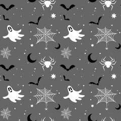 Vector seamless background with bats, ghosts, cobwebs and spiders