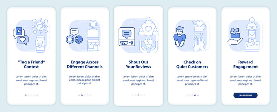 Customer engagement strategies light blue onboarding mobile app screen. Walkthrough 5 steps editable graphic instructions with linear concept. UI, UX, GUI template. Myriad Pro-Bold, Regular fonts used