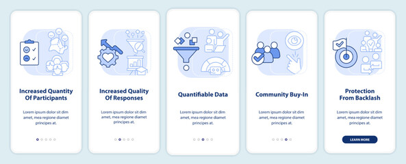 Advantages of digital engagement light blue onboarding mobile app screen. Walkthrough 5 steps editable instructions with linear concepts. UI, UX, GUI template. Myriad Pro-Bold, Regular fonts used