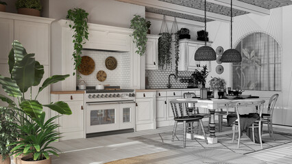 Architect interior designer concept: hand-drawn draft unfinished project that becomes real, kitchen and dining room with wooden details in bohemian style. Boho country interior design