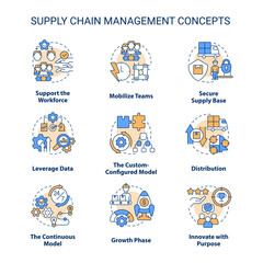 Supply chain management concept icons set. Business process and service idea thin line color illustrations. Isolated symbols. Editable stroke. Roboto-Medium, Myriad Pro-Bold fonts used