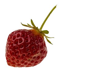 Close up view of ripe red strawberry isolated on white background.