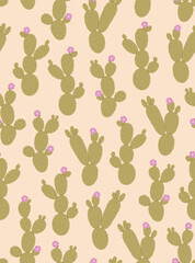 Seamless pattern of prickly pear cactus with flowers. Desert plants. Flat vector illustration isolated on white background.