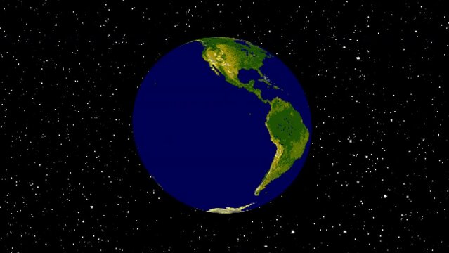 Our planet Earth, rotating in space, with visible continents (no clouds), on a shiny starscape. Cute video game 8 bit pixel art style.
